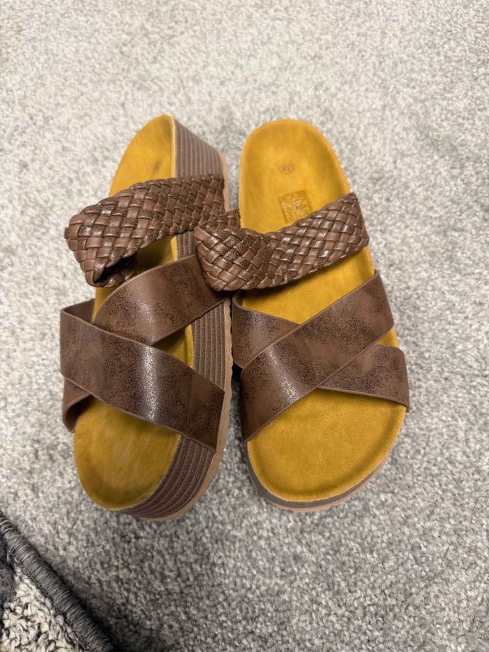 Brown Woven Crisscross Platform Slide Sandals - Mustard Footbed